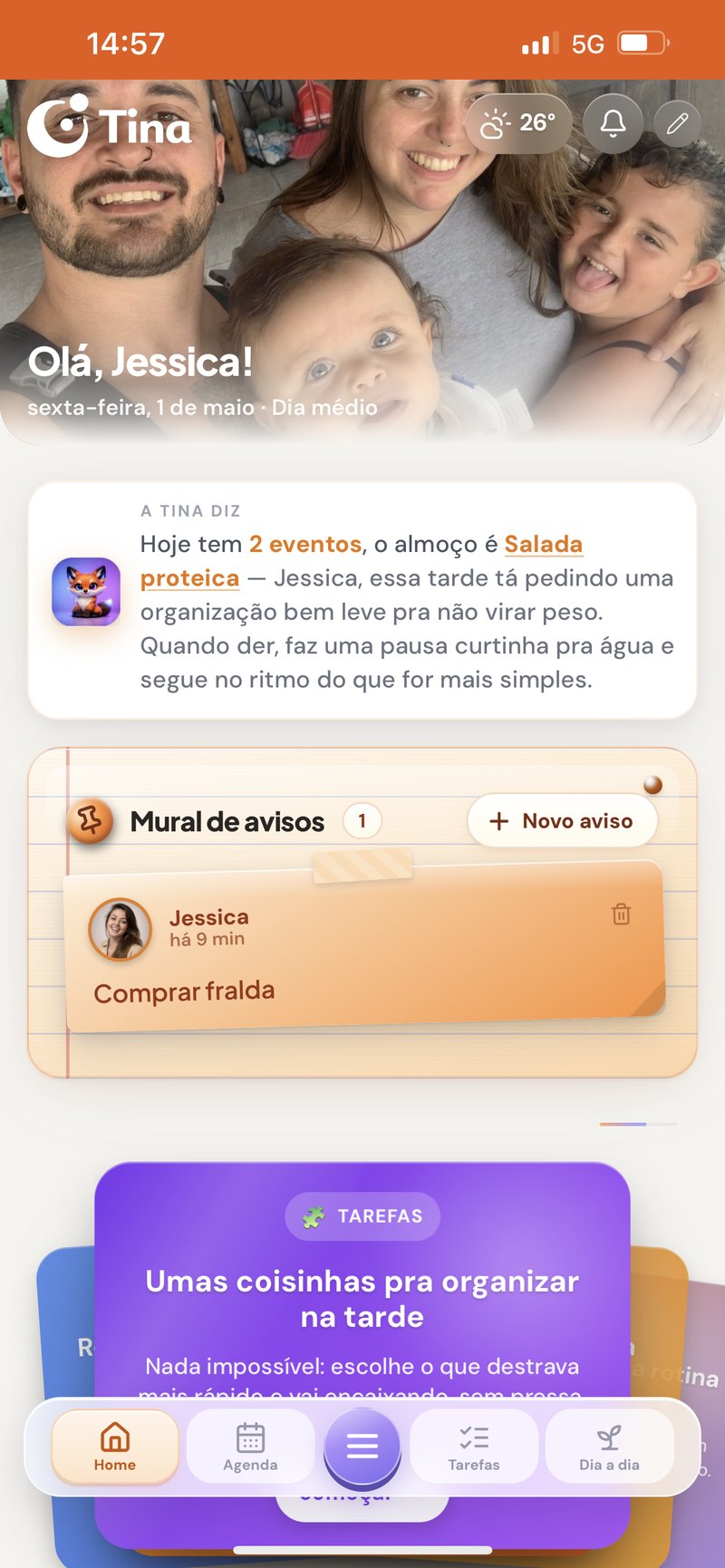 App Tina — home da família com agenda, mural e tarefas