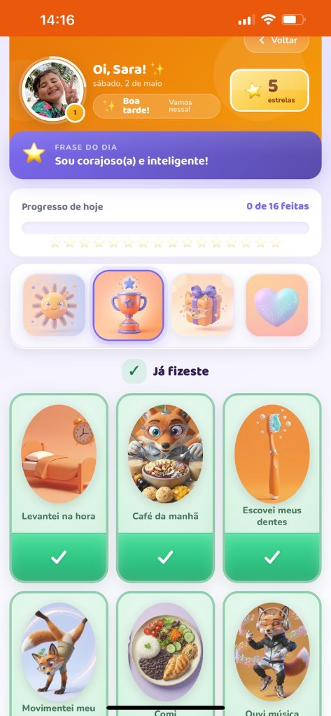 Painel infantil Tina — home com estrelas e progresso